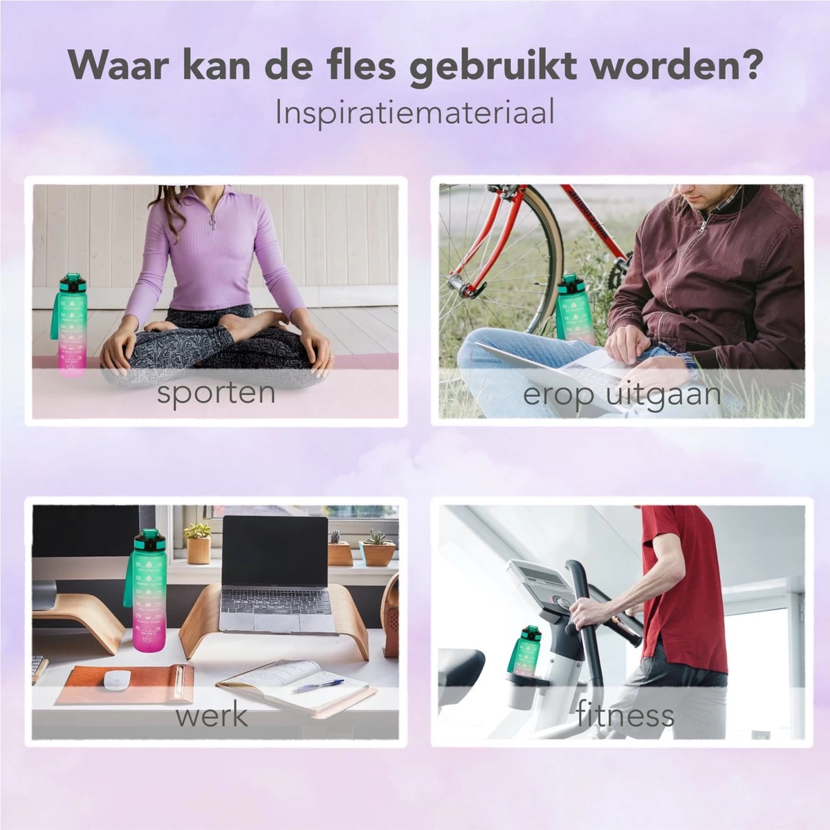 Seniq Motivatie Waterfles - 1 Liter - Drinkfles Met Tijdmarkering - Rietje - Groen Paars - Afbeelding 8