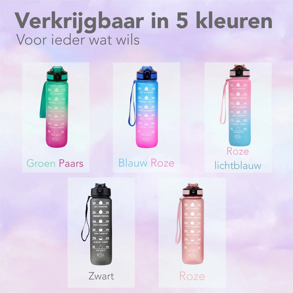 Seniq Motivatie Waterfles - 1 Liter - Drinkfles Met Tijdmarkering - Rietje - Groen Paars - Afbeelding 9