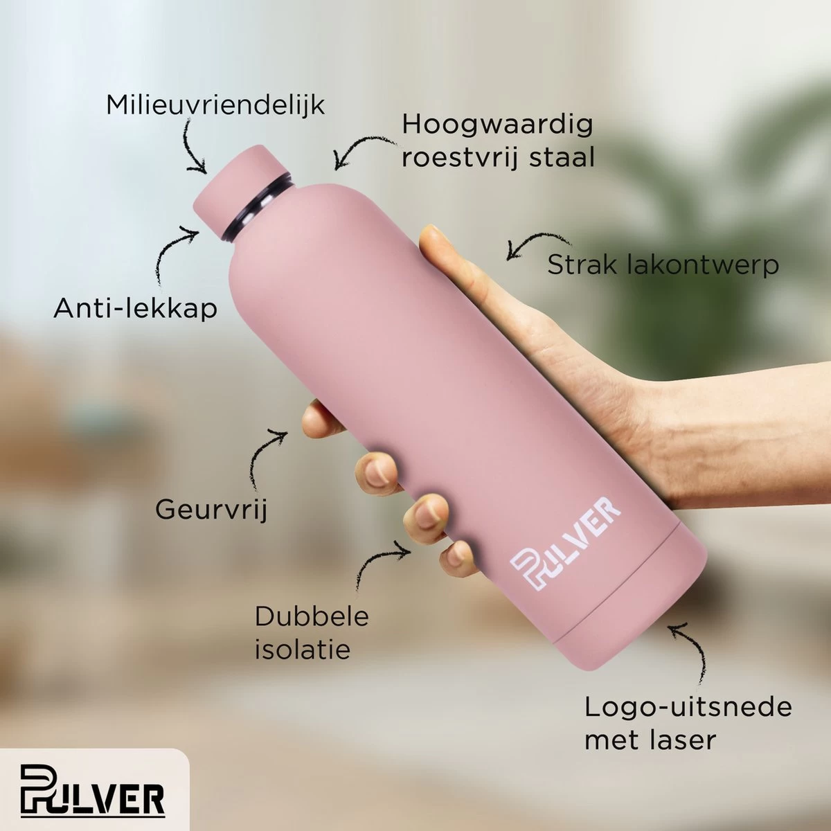 Pulver - RVS Thermosfles / Drinkfles – BPA Vrij – 750 Ml - Waterfles Met Draaidop – Drinkfles – Dubbele Isolatie - Rubberen Coating- Licht Roze - Afbeelding 2