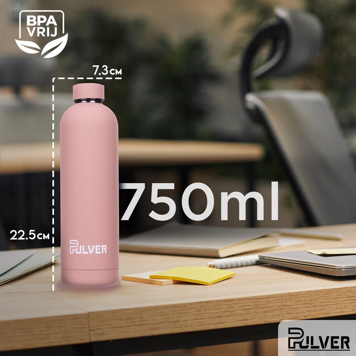 Pulver - RVS Thermosfles / Drinkfles – BPA Vrij – 750 Ml - Waterfles Met Draaidop – Drinkfles – Dubbele Isolatie - Rubberen Coating- Licht Roze - Afbeelding 3