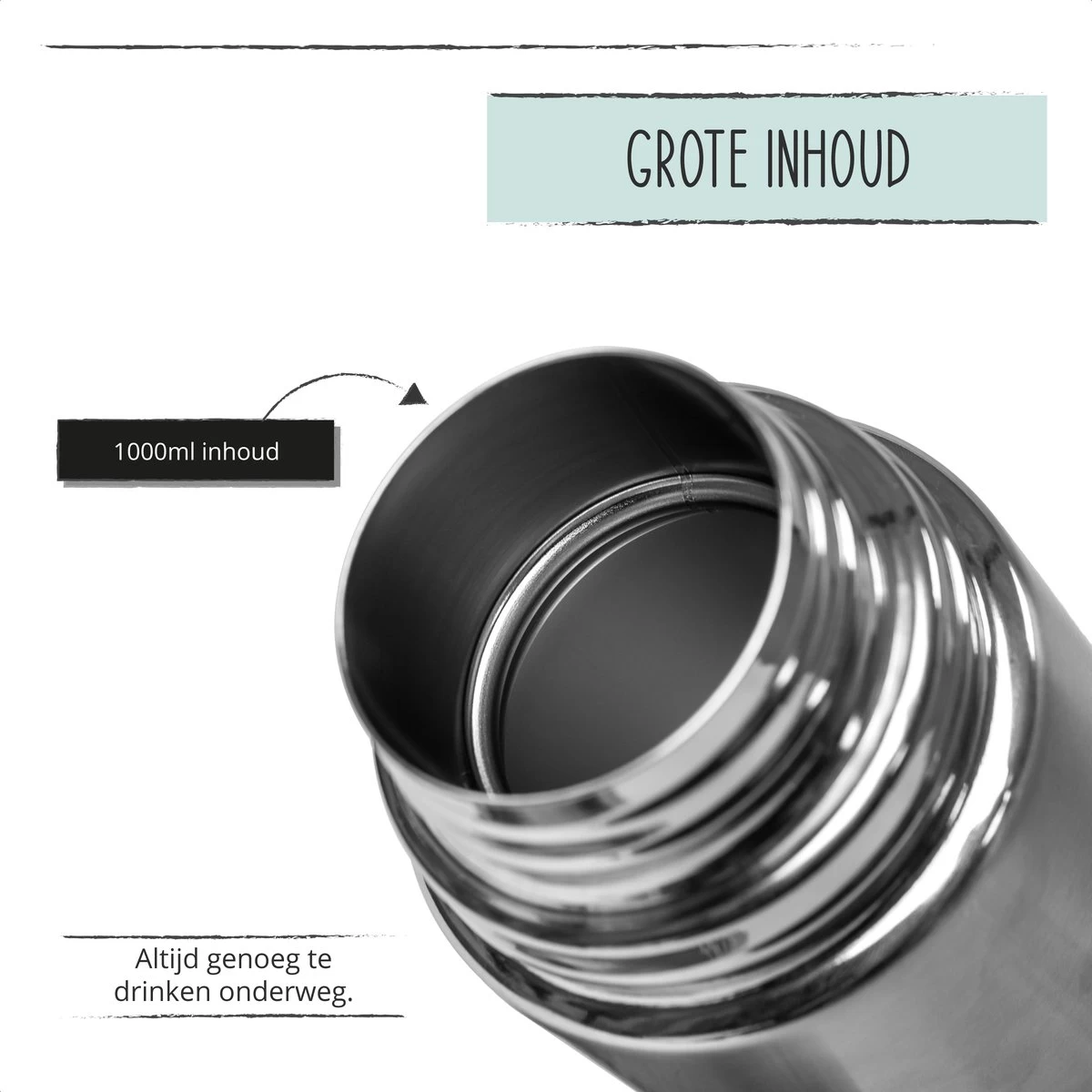 BUUF™️ Thermosfles 1 Liter - Isoleerfles - Thermosbeker - 24u/koud, 8u/warm - RVS - Zilver - Afbeelding 2