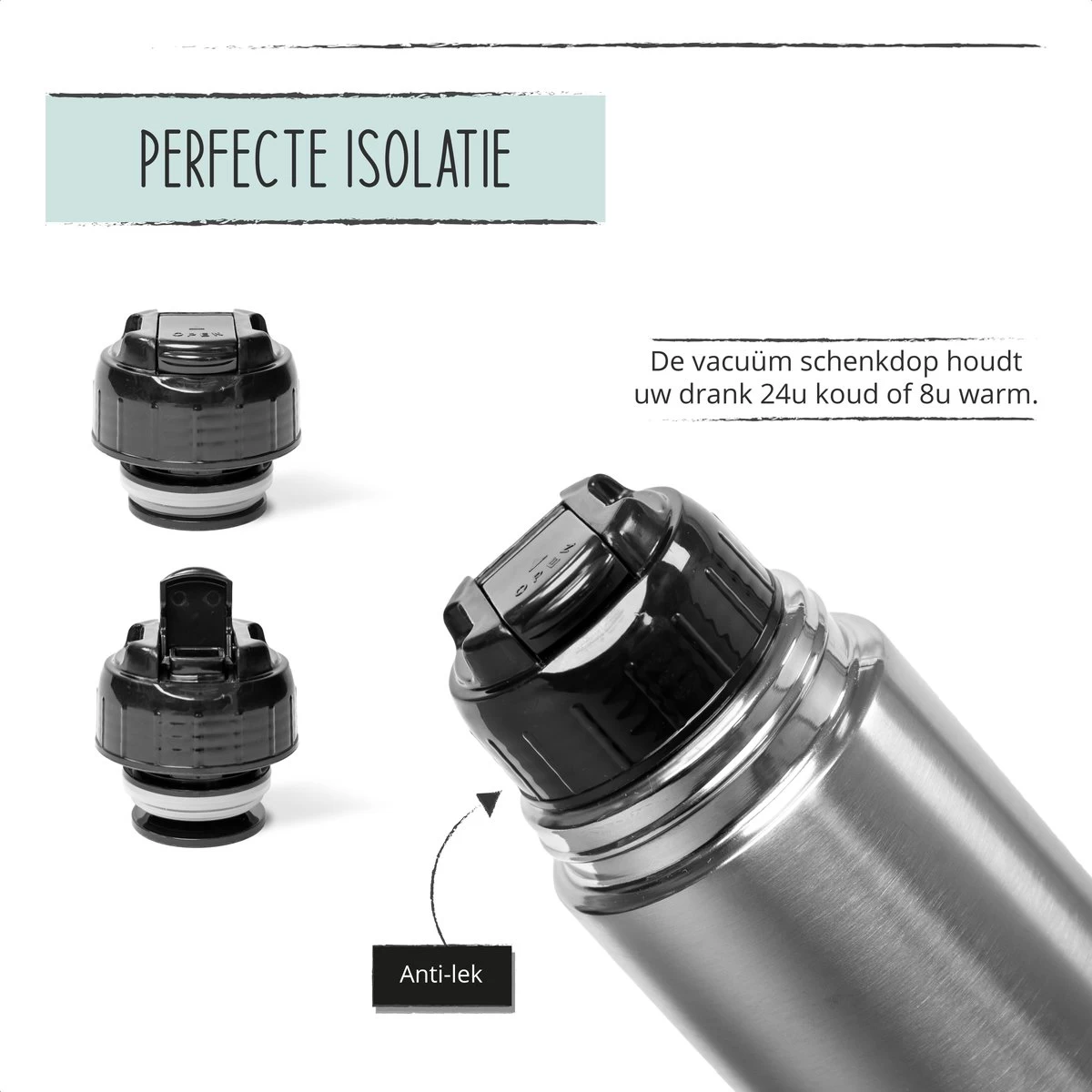 BUUF™️ Thermosfles 1 Liter - Isoleerfles - Thermosbeker - 24u/koud, 8u/warm - RVS - Zilver - Afbeelding 8