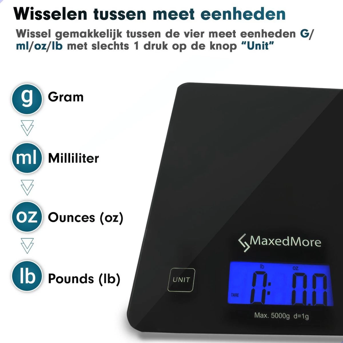 MaxedMore Digitale Precisie Keukenweegschaal - Weegschaal Keuken - Weegschaal - Digitaal - Met Gratis App - Nauwkeurig - Tot 5 Kg - Afbeelding 11
