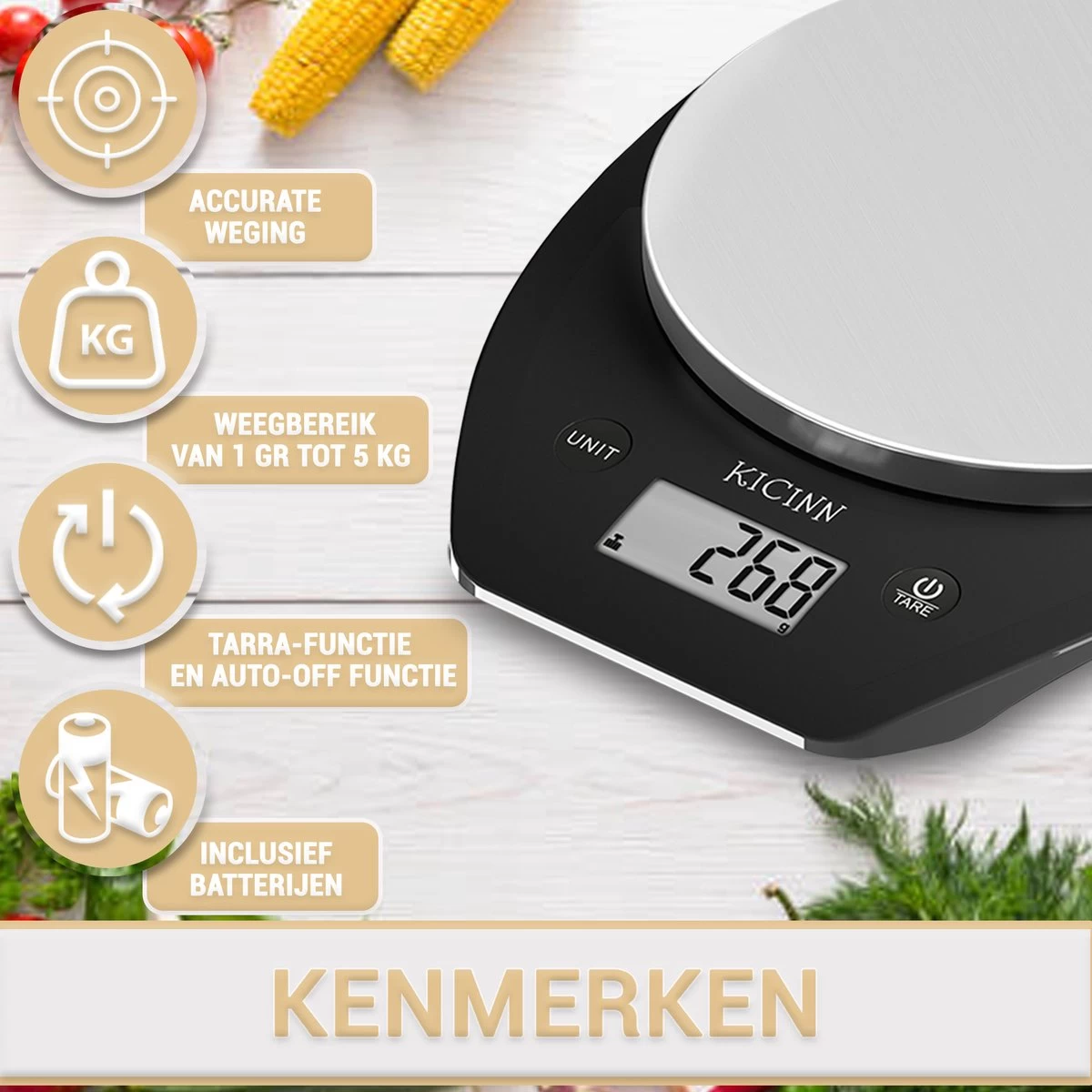 Kicinn Keukenweegschaal - Precisie Weegschaal - Digitale Keuken Weegschaal - 1gr Tot 5kg - Tarra Functie - Inclusief Batterijen - RVS/Zwart - Afbeelding 2