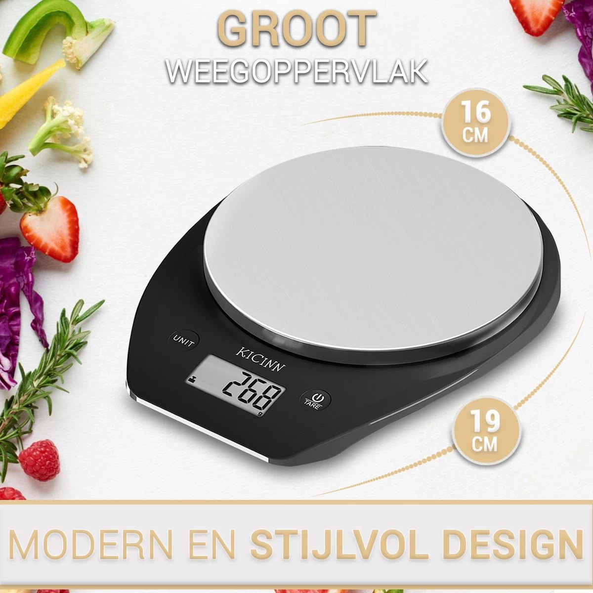 Kicinn Keukenweegschaal - Precisie Weegschaal - Digitale Keuken Weegschaal - 1gr Tot 5kg - Tarra Functie - Inclusief Batterijen - RVS/Zwart - Afbeelding 3