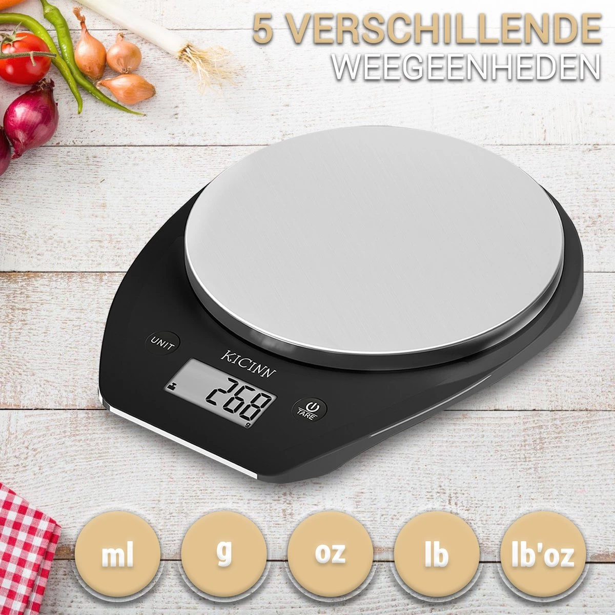 Kicinn Keukenweegschaal - Precisie Weegschaal - Digitale Keuken Weegschaal - 1gr Tot 5kg - Tarra Functie - Inclusief Batterijen - RVS/Zwart - Afbeelding 4