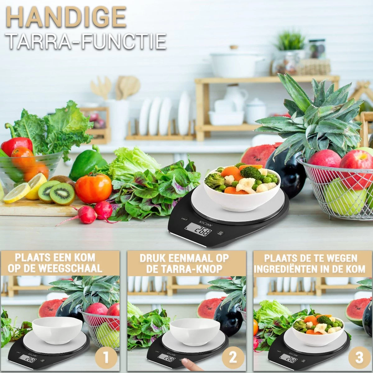 Kicinn Keukenweegschaal - Precisie Weegschaal - Digitale Keuken Weegschaal - 1gr Tot 5kg - Tarra Functie - Inclusief Batterijen - RVS/Zwart - Afbeelding 6
