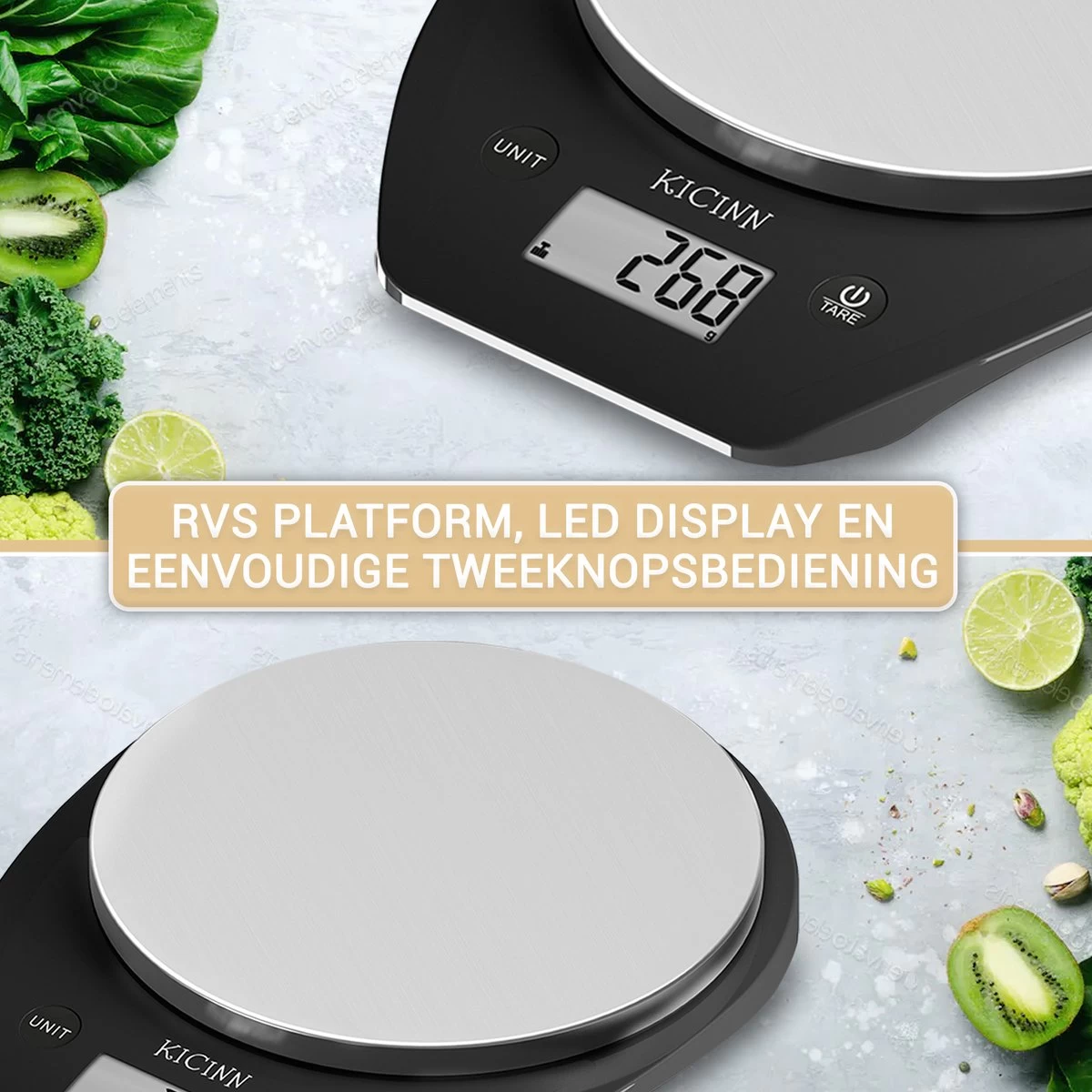 Kicinn Keukenweegschaal - Precisie Weegschaal - Digitale Keuken Weegschaal - 1gr Tot 5kg - Tarra Functie - Inclusief Batterijen - RVS/Zwart - Afbeelding 8
