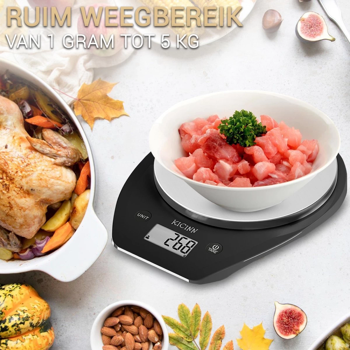 Kicinn Keukenweegschaal - Precisie Weegschaal - Digitale Keuken Weegschaal - 1gr Tot 5kg - Tarra Functie - Inclusief Batterijen - RVS/Zwart - Afbeelding 10