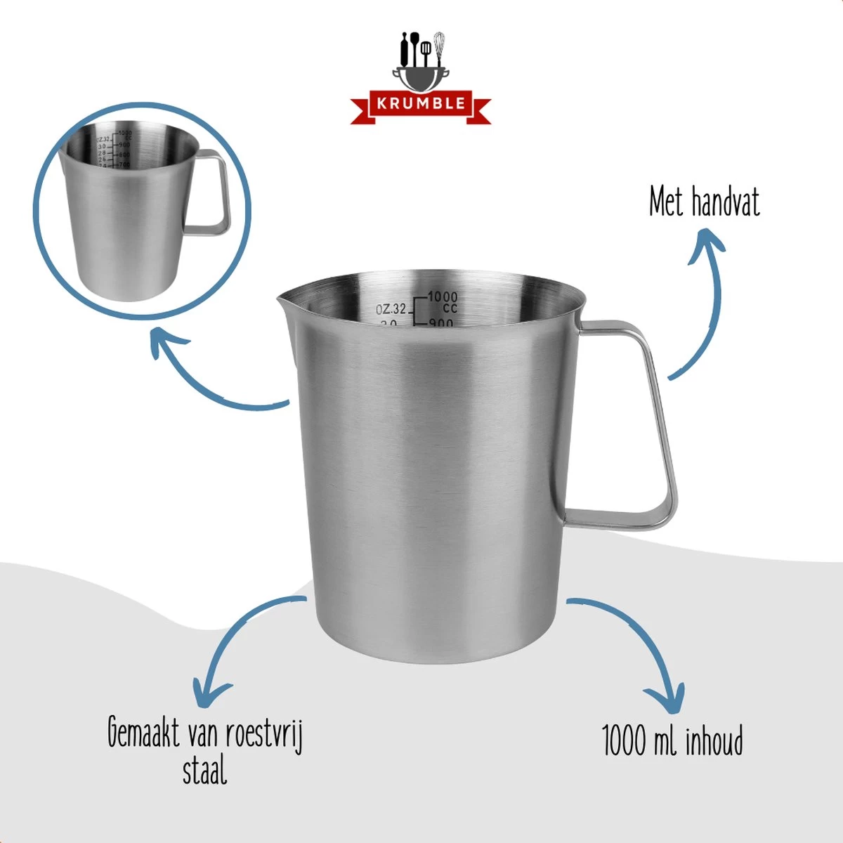 Krumble Maatbeker Met Schenktuit - Maatbekers - Meetbeker Voor Koken En Bakken - Maatkan - Kookgerei - Mengbeker - Blender Beker - RVS - 1 Liter - 12 X 15 X 13 Cm (Ixbxh) - Zilver - Afbeelding 2