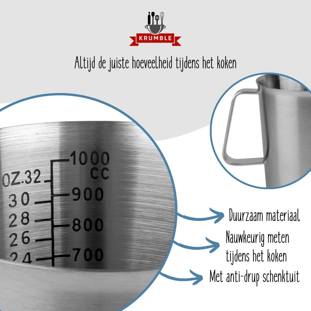 Krumble Maatbeker Met Schenktuit - Maatbekers - Meetbeker Voor Koken En Bakken - Maatkan - Kookgerei - Mengbeker - Blender Beker - RVS - 1 Liter - 12 X 15 X 13 Cm (Ixbxh) - Zilver - Afbeelding 3