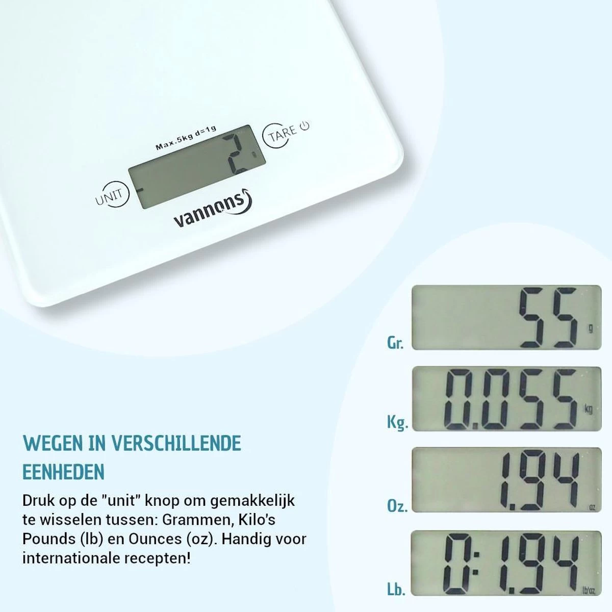 Vannons - Keukenweegschaal - Keukenweegschaal Digitaal - Precisie Weegschaal Tot 5 Kilo - Glas - Wit - Afbeelding 2