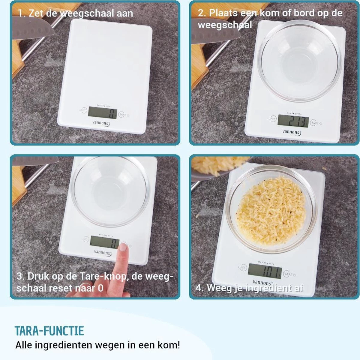 Vannons - Keukenweegschaal - Keukenweegschaal Digitaal - Precisie Weegschaal Tot 5 Kilo - Glas - Wit - Afbeelding 4