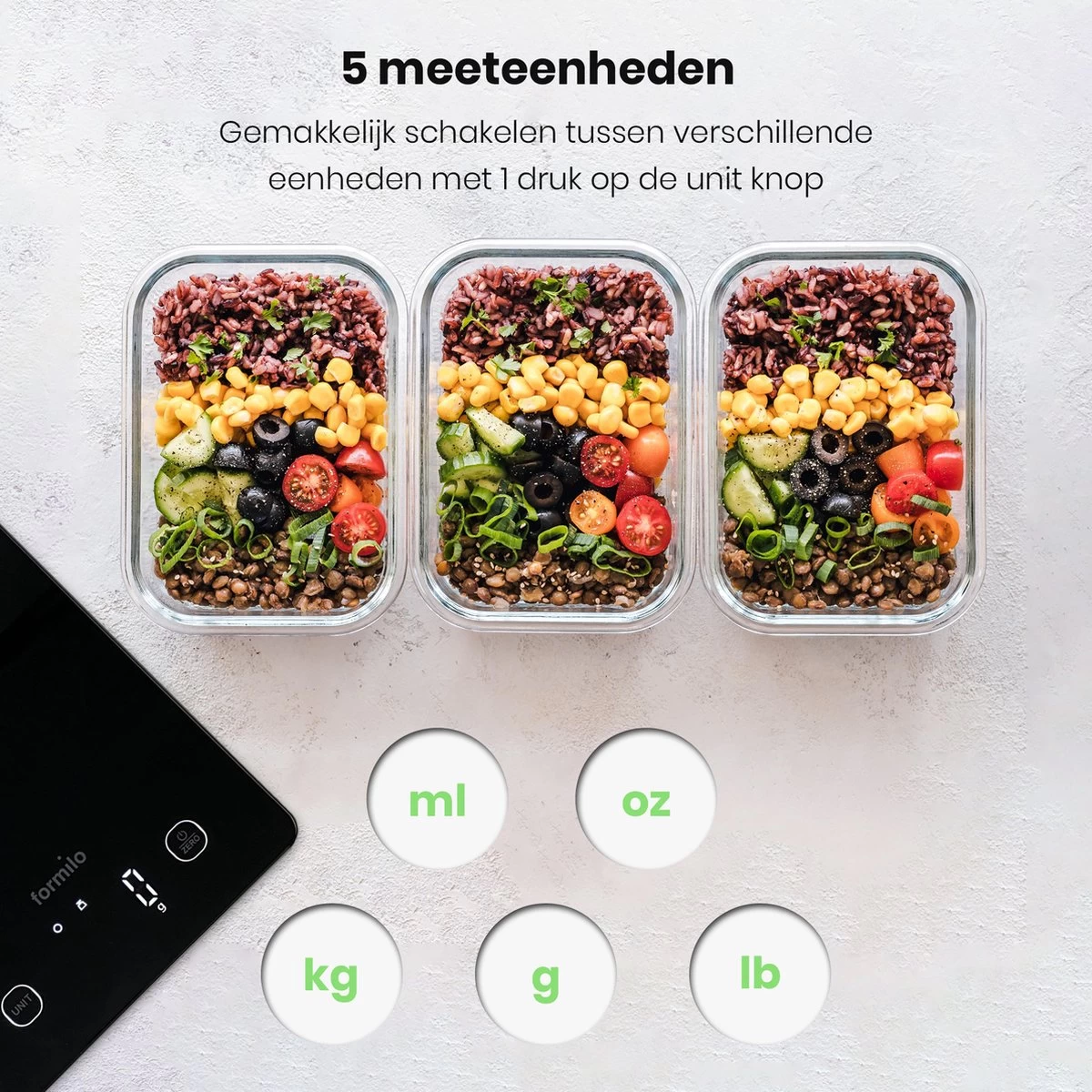 Formilo Digitale Precisie Keukenweegschaal - Weegschaal Keuken Met Tarra Functie - 1gr Tot 5kg - Inclusief Batterijen - Zwart - Afbeelding 2