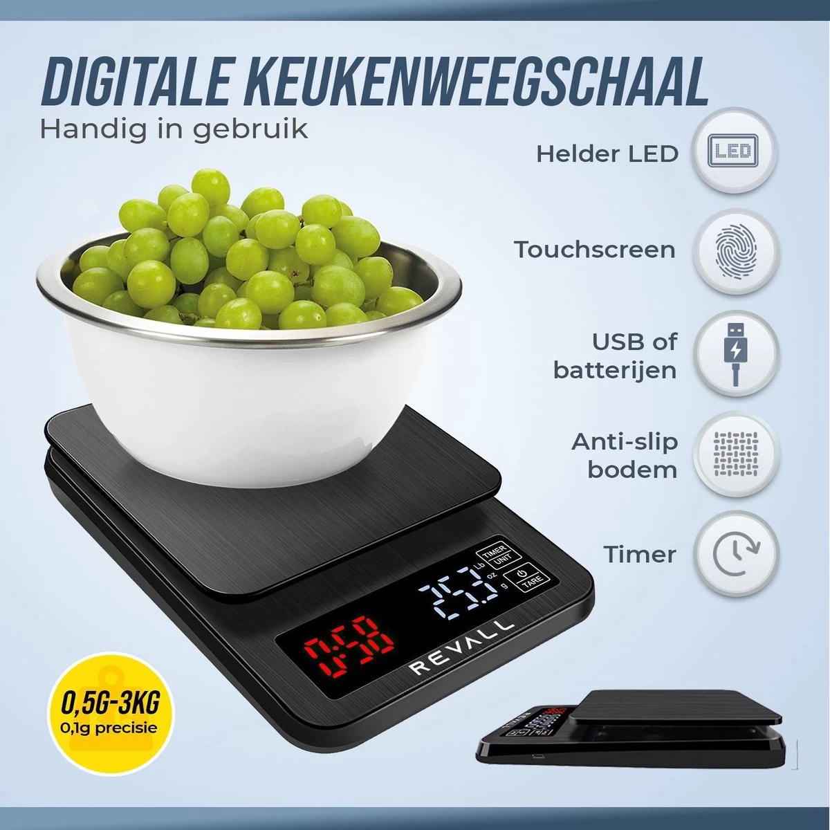 REVALL Digitale Precisie Keukenweegschaal - 0,5g Tot 3kg - Inclusief Batterijen - Zwart - Afbeelding 3