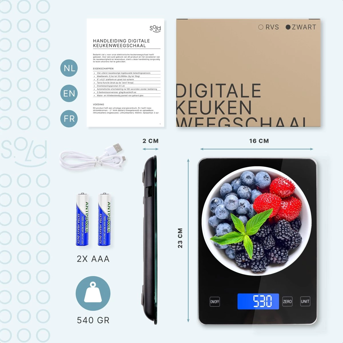 Keukenweegschaal - Digitaal - Weegschaal Keuken - Oplaadbaar - Incl. USB-kabel En Batterijen - Tarra Functie - Tot 10 Kg - Zwart - Afbeelding 9