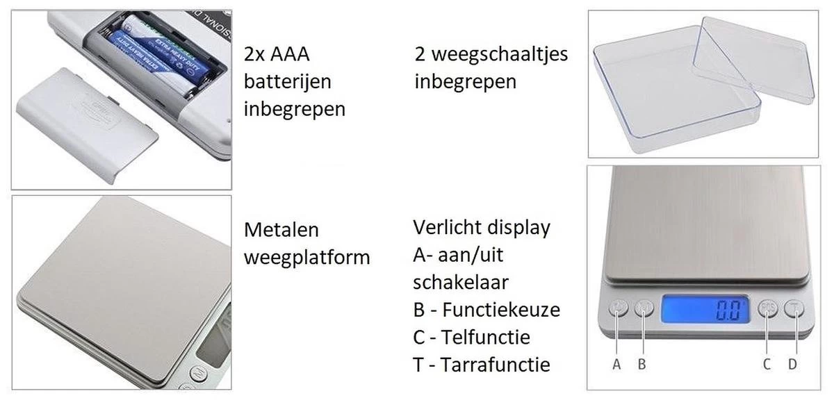 NiceGoodz Precisie Weegschaal - Digitale Keukenweegschaal - Max 1 Gram - Tot 2kg Nauwkeurig - Afbeelding 6
