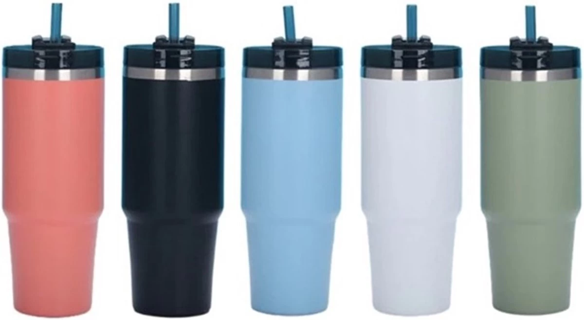 Casero Roestvrijstalen Geïsoleerde Warm En Koud Drink Beker - Thermosbeker - Travel Mug - Met Deksel En Rietje 890ml Roze - Afbeelding 5