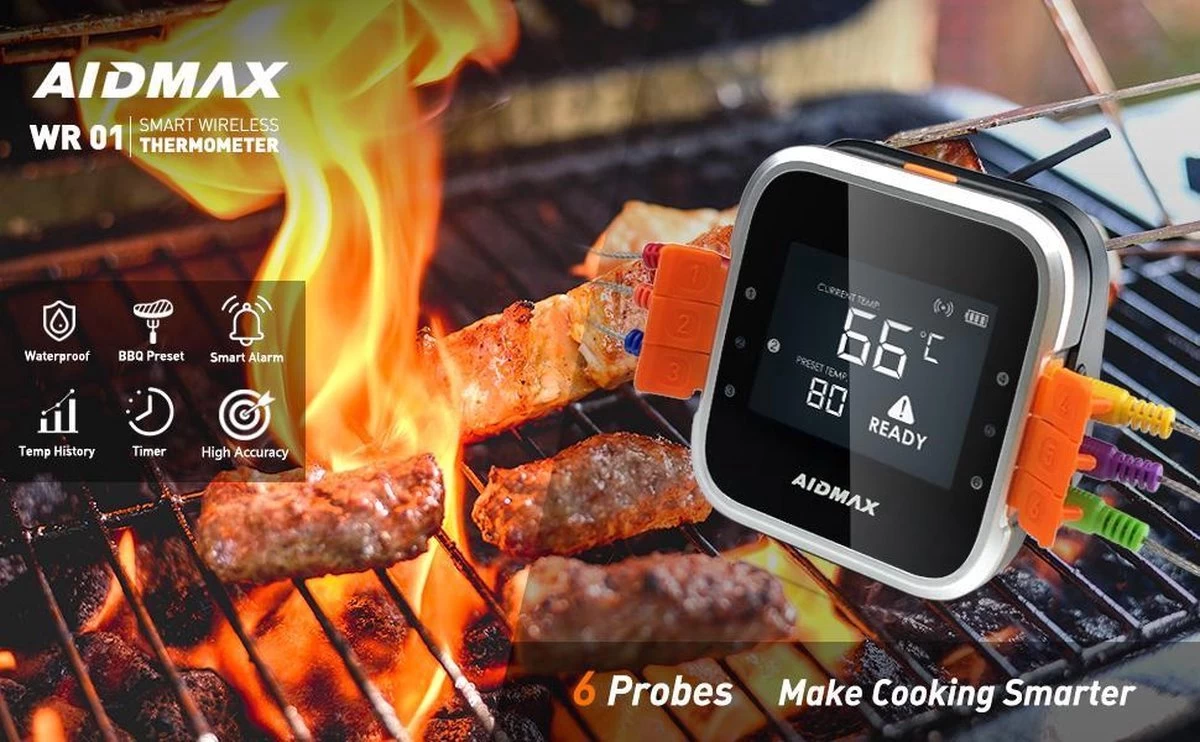 AidMax Vleesthermometer Met Optie Tot 6 Sondes – Bluetooth Met App – Digitale Kernthermomter – Thermometer Geschikt Voor BBQ, Oven & Grill – Incl. Batterijen - Geleverd Met 2 Sondes - Afbeelding 11