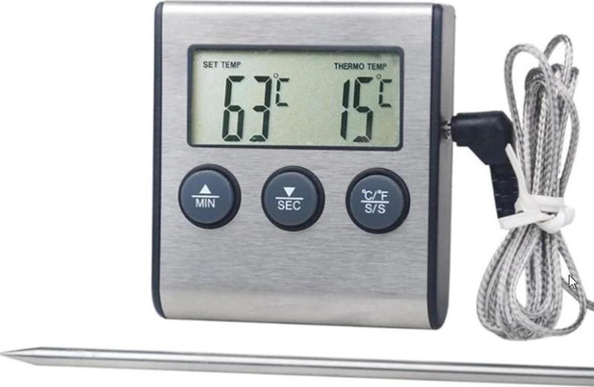 Merkloos Temperatuur Meter - 2 In 1 Digitale Professionele Thermometer En Wekker - Vleesthermometer - Kern Temperatuurmeter Voor Vlees/Vloeistof - 0-250 Graden Celcius