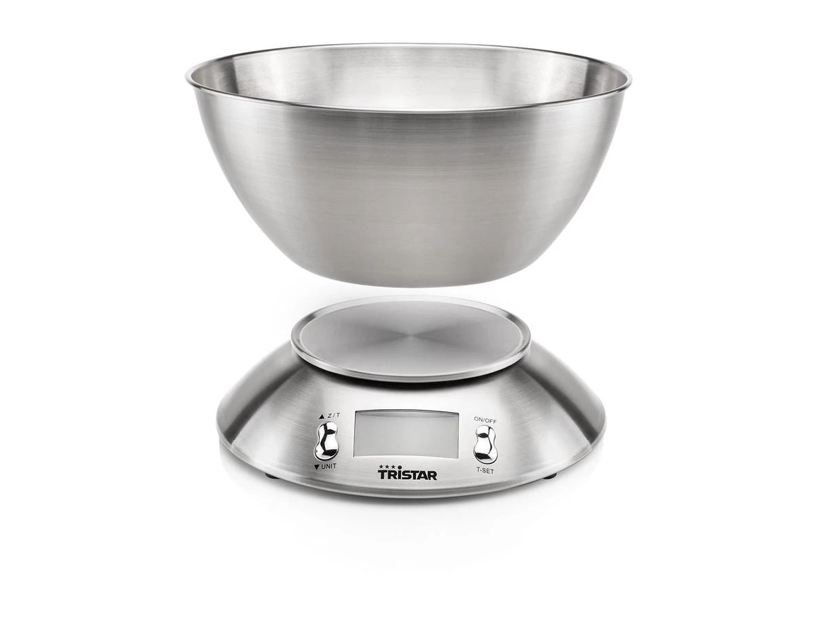 Tristar KW-2436 Keukenweegschaal – Weegschaal Keuken Met Afneembare Kom - 2.5 Liter – Tot 5 Kilogram - RVS - Afbeelding 4
