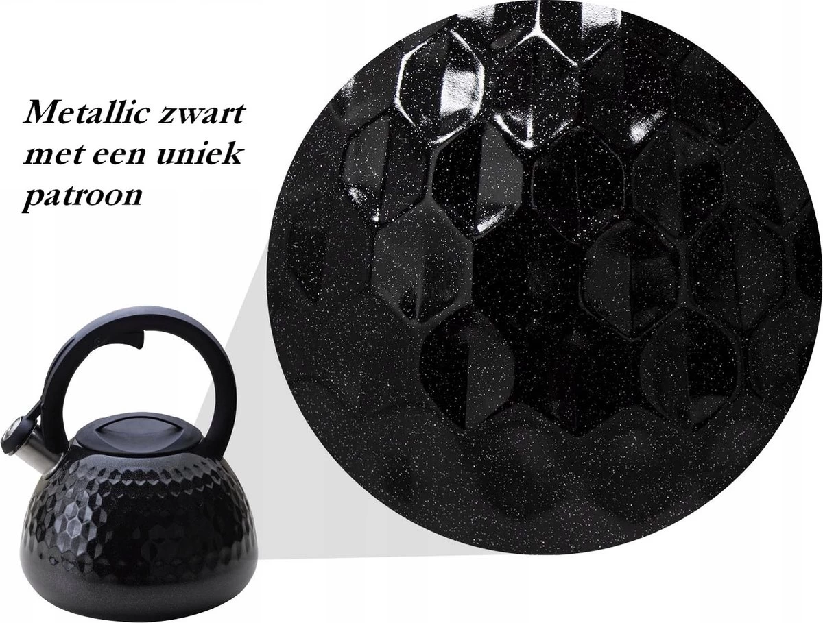 Meyerhoff Fluitketel RVS Metallic Zwart 2.7 Liter - Geschikt Voor Alle Warmtebronnen Ook Inductie - Ruitpatroon - Uniek Design - Koel Blijvend Handvat - Afbeelding 2