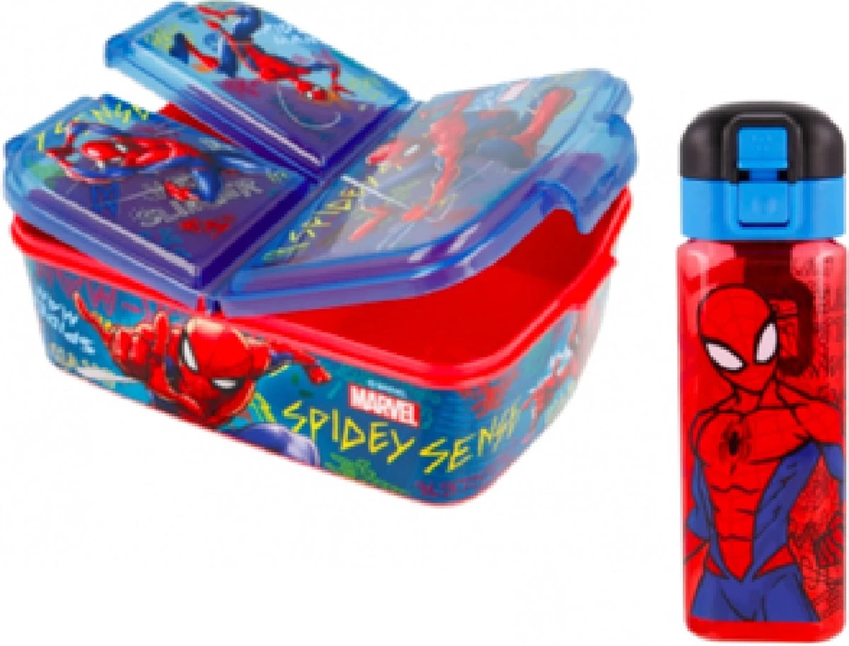 Star Spiderman 3 Vak Brooddoos / Broodtrommel + Grote Tritan Vierkante Drinkfles - 550 Ml