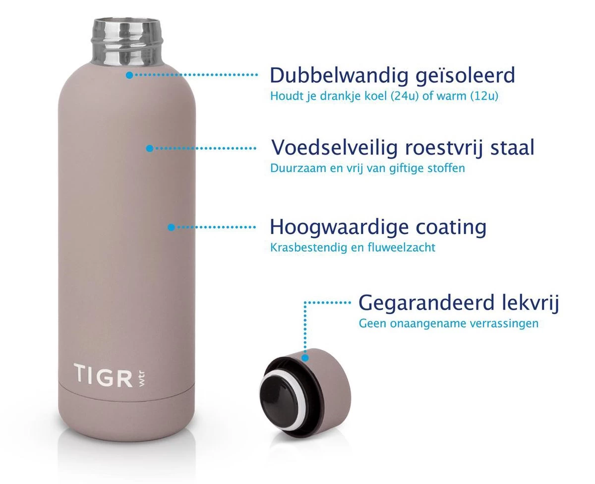 TIGR The Minimalist - Drinkfles - Thermosfles - RVS - 500ml - Taupe - Afbeelding 2