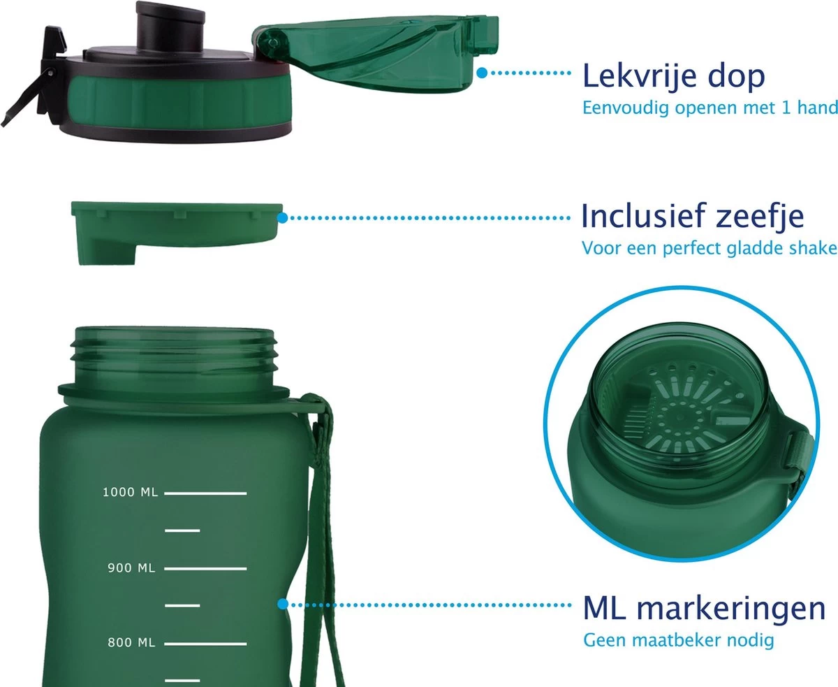 TIGR The Athlete - Drinkfles - Waterfles Met Fruit Filter - 1000ml - Groen - Met Mengbal Voor Shakes - Afbeelding 3