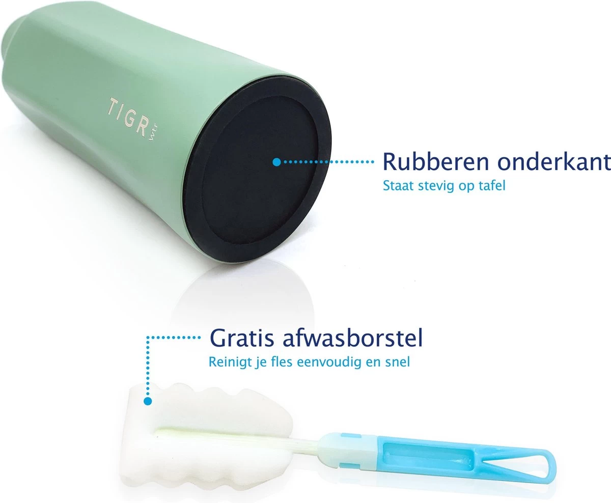 TIGR Hexagon - Drinkfles - Thermosfles - RVS - 500ml - Groen - Met Afwasborstel - Afbeelding 4