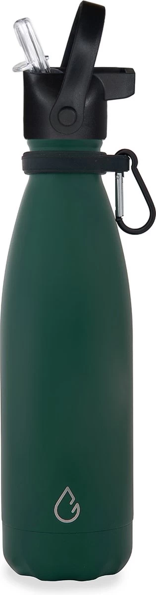 Wattamula Design Eco RVS Drinkfles - Mosgroen - Extra Dop Met Rietje En Carrier - 500 Ml - Waterfles - Thermosfles - Sport - Afbeelding 2