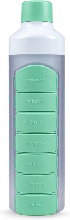 YOS Bottle - Waterfles Met Pillendoos - 7 Vaks - Groen