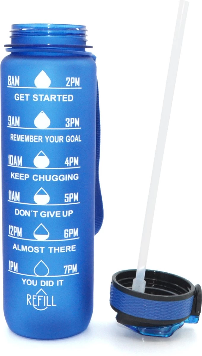 Waterfles Met Tijdmarkering - Motivatie Drinkfles Met Rietje - 1 Liter Waterfles - BPA Vrij - Blauw - Afbeelding 3