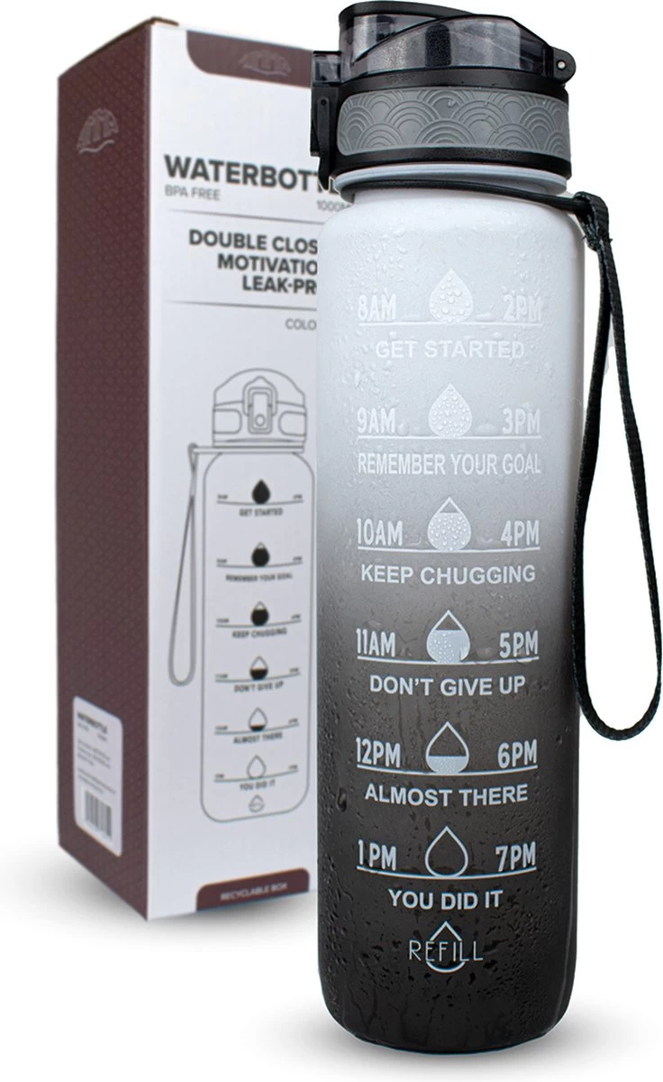 Nimma® Motivatie Waterfles - 1 Liter Drinkfles - Met Tijdmarkeringen En Fruitfilter - Zwart Wit - Afbeelding 3