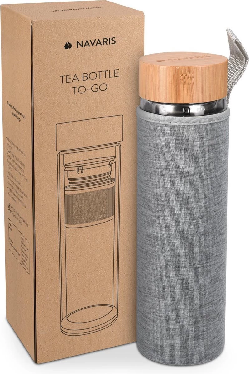 Navaris Glazen Theefles Met Filter - 500 Ml - Waterfles Van Glas - Dubbelwandige Drinkfles - Fles Met Bamboe Dop, Thee Infuser En Hoes - Afbeelding 6