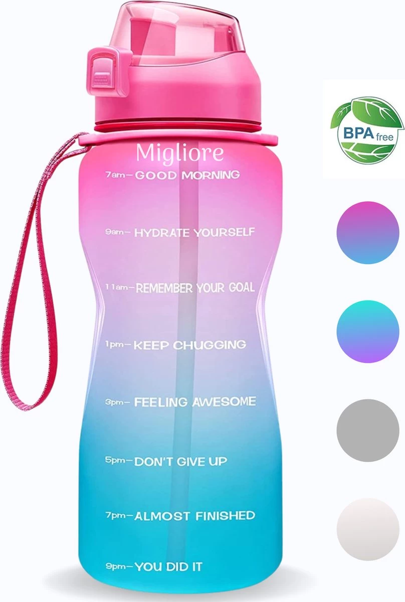 Migliore Waterfles 2 Liter- Luxe Drinkfles Met Rietje - 2 Liter - Water Bottle - Motivatie Waterfles Met Tijdmarkeringen - Grote - Gallon