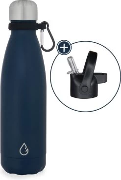 Wattamula Design Eco RVS Drinkfles - Donkerblauw - Extra Dop Met Rietje En Carrier - 500 Ml - Waterfles - Thermosfles - Sport