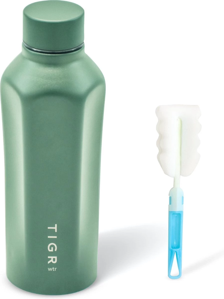 TIGR Hexagon - Drinkfles - Thermosfles - RVS - 500ml - Groen - Met Afwasborstel