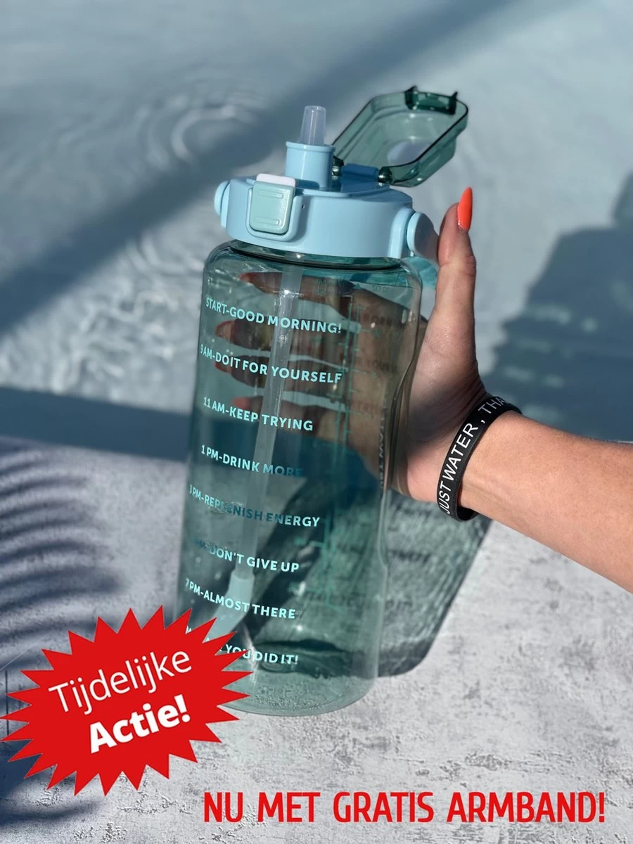 Merkloos 2 Liter Waterfles Groen Transparant - Gratis Armband - Grote Waterfles - Motivatie Fles - Bidon - Twee Liter Waterfles - Sportfles - Waterkan - Gallon - 2 Liter Bottle - Drinkfles - Schenkfles - Groen Transparant - Zwart Armbandje