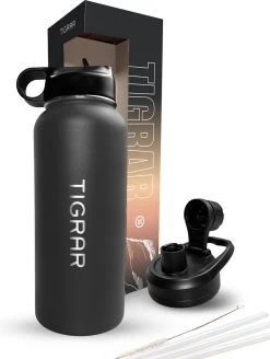 Tigrar - Drinkfles - Waterfles - Thermosfles 1 Liter - RVS - (Grafiet) Zwart - Incl. Extra Dop 3 Rietjes En Reiniger