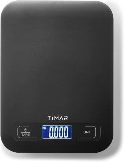 Timar Precisie Keukenweegschaal Digitaal - Keuken Weegschaal K1H - Tarra Functie - Lcd-Scherm - Antislip - 1 Gr Tot 5 Kg – Inclusief Batterijen - Zwart