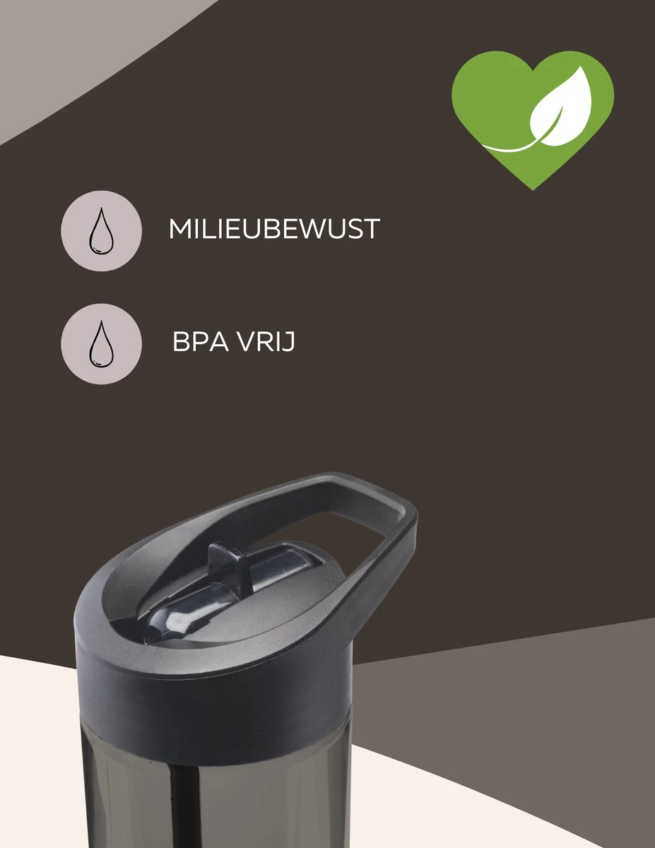 Drinkfles Met Rietje - Waterfles Met Rietje - Milieubewust - Bpa-vrij - 600 Ml - Zwart - Lekvrij - Afbeelding 3