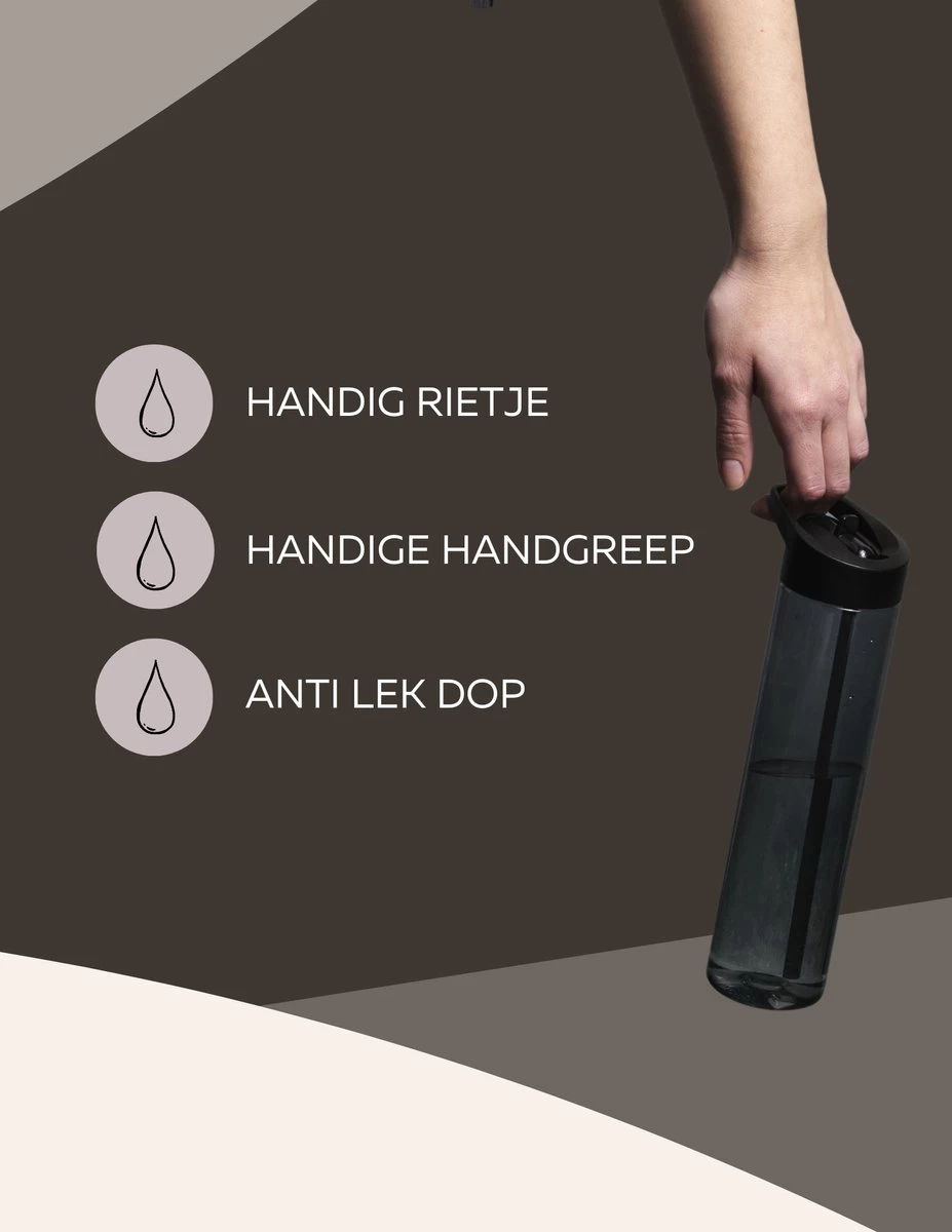 Drinkfles Met Rietje - Waterfles Met Rietje - Milieubewust - Bpa-vrij - 600 Ml - Zwart - Lekvrij - Afbeelding 4