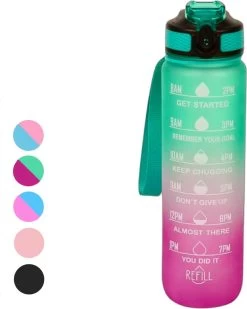 Seniq Motivatie Waterfles - 1 Liter - Drinkfles Met Tijdmarkering - Rietje - Groen Paars